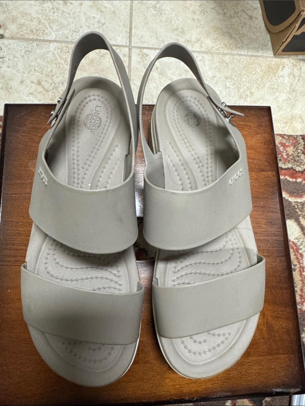 Crocs LiteRide Two-Band Slingback Sandals in Taupe color. comfortable size 8